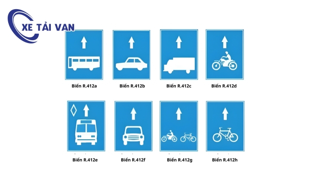 Biển số R.412 (a,b,c,d,e,f,g,h) - Làn đường dành riêng cho từng loại xe hoặc nhóm xe